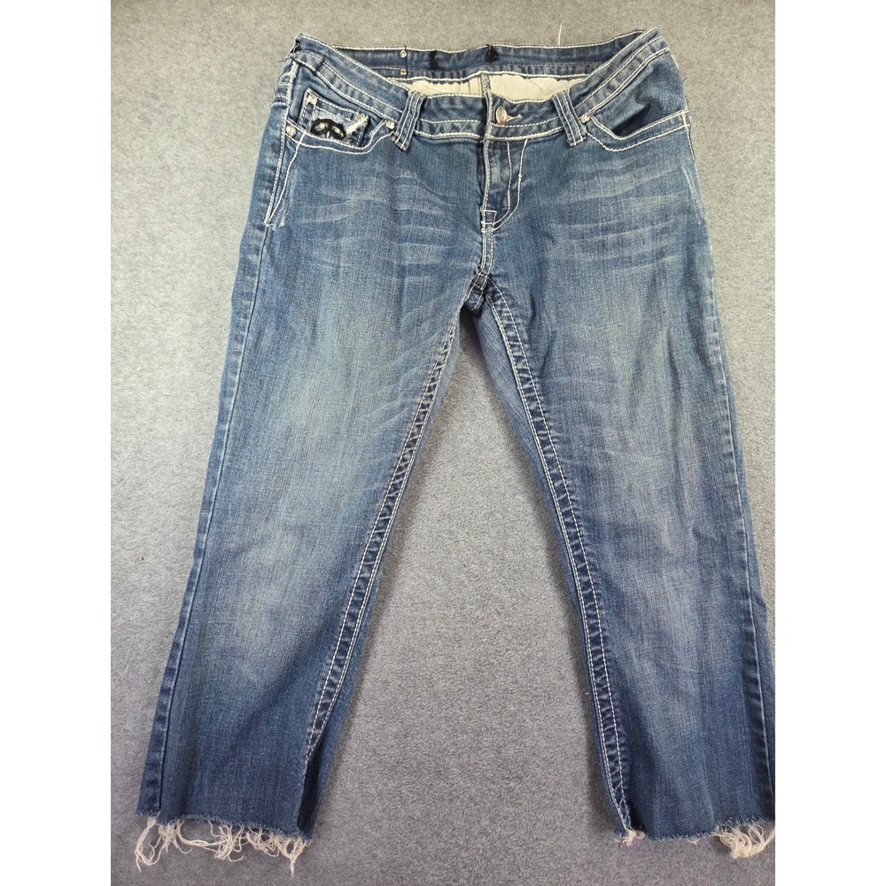 Rue 21 Y2K Rhinestone Embellished Bootcut Jeans Size 5/6 Bling Pocket Raw Hem